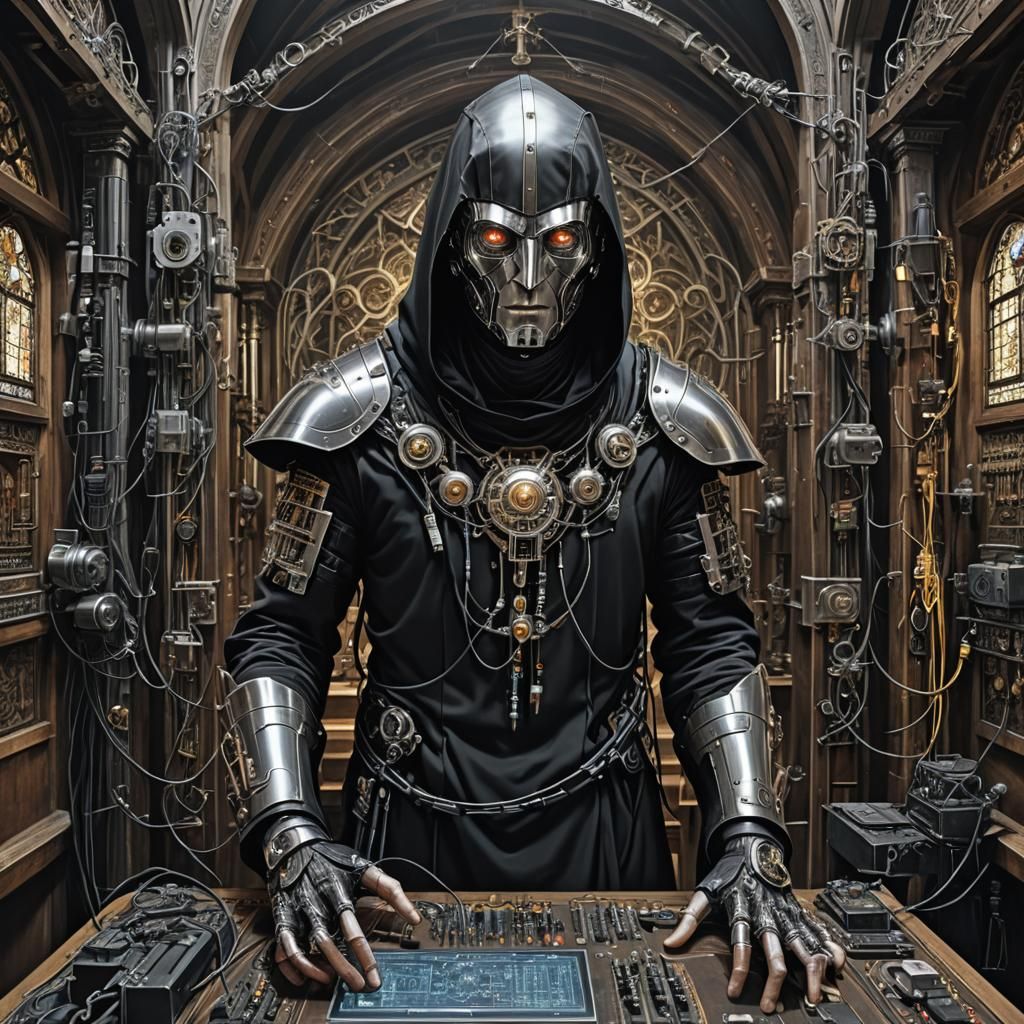Cyborg Monk in Chapel with Cybernetic Implants