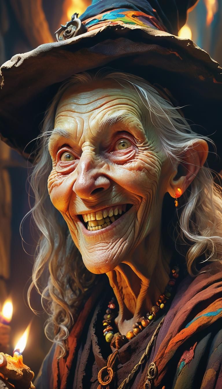 Smiling Old Witch Portrait in Hyperrealistic Style
