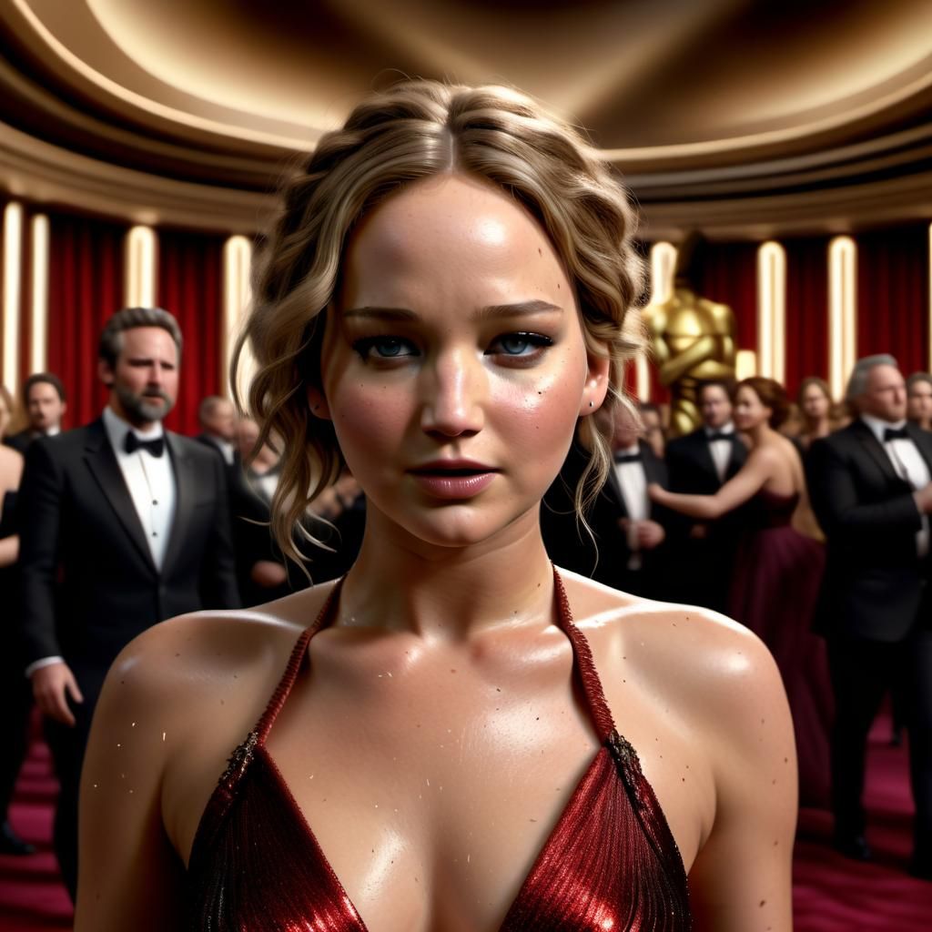 Jennifer Lawrence waiting to be interviewed after winning her Oscar