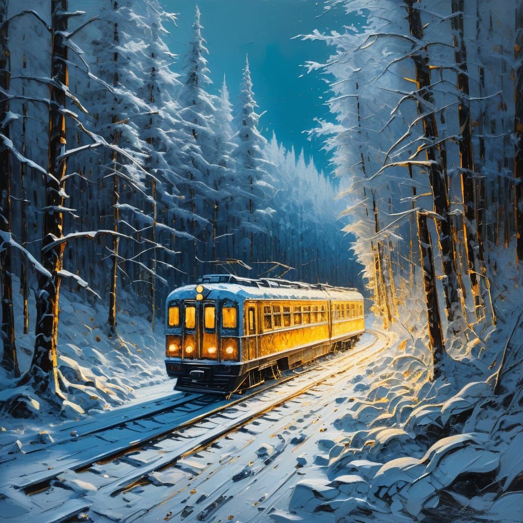 Snow and Ice Train in Forest with Golden Light