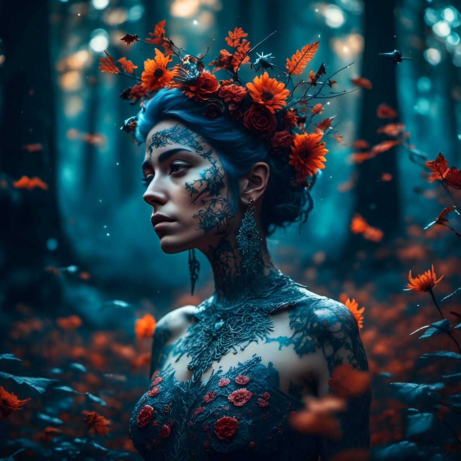 Tattooed Forest Princess with Birds in HDR
