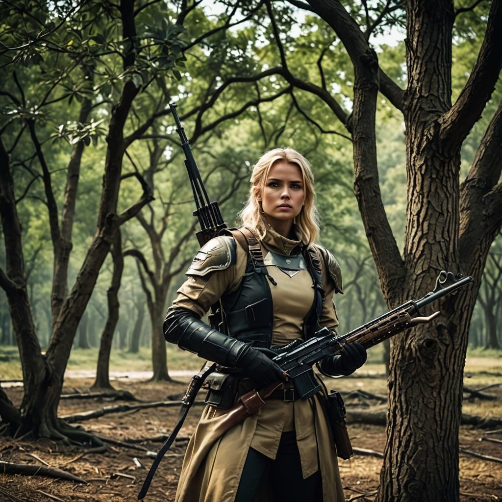 Cinematic Portrait of a Blonde Woman with Weapon