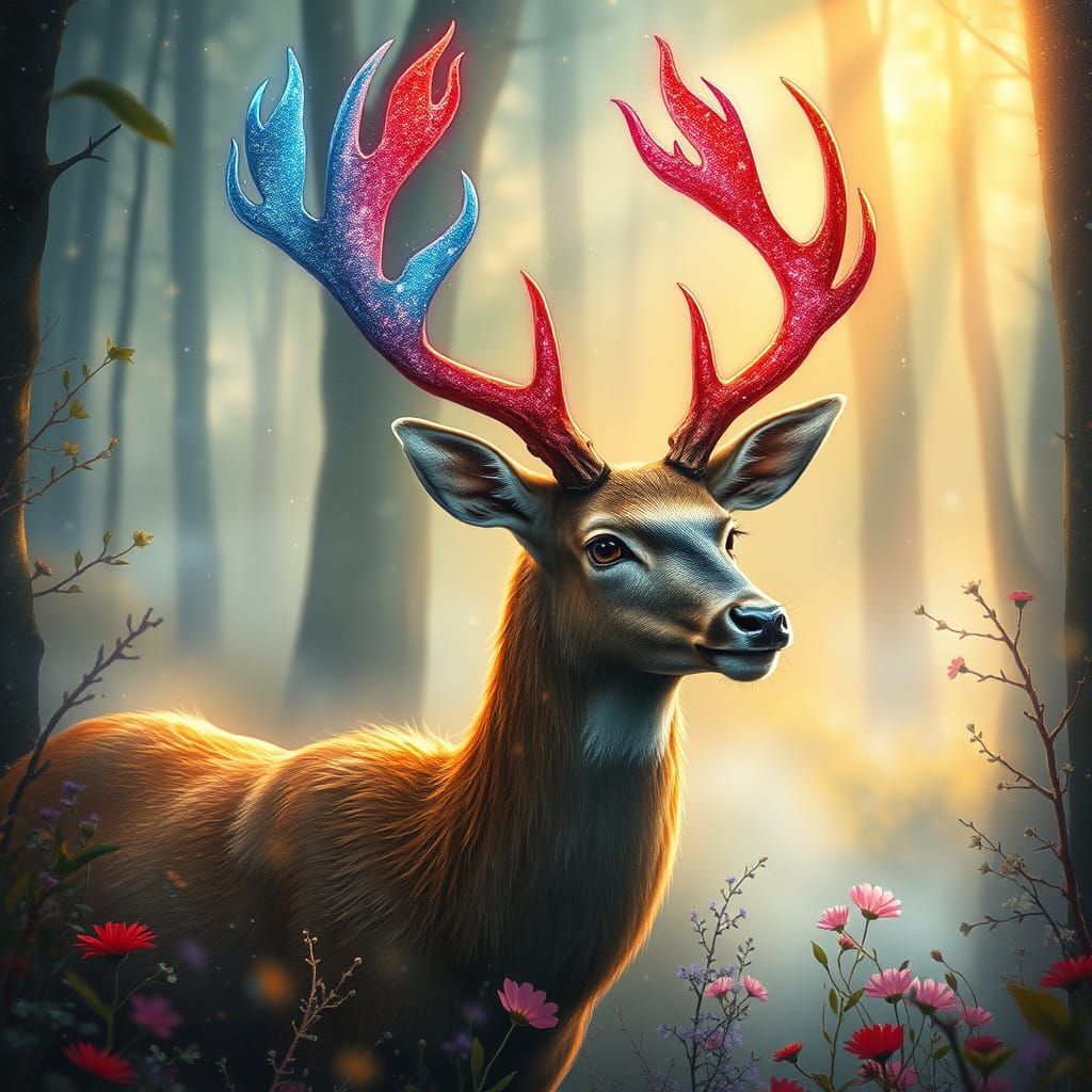 Mystical Deer with Flame Antlers in Fairy Forest