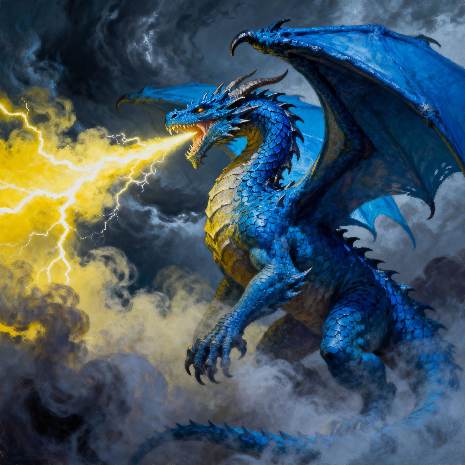 Blue Dragon Unleashes Lightning in Dramatic Painting