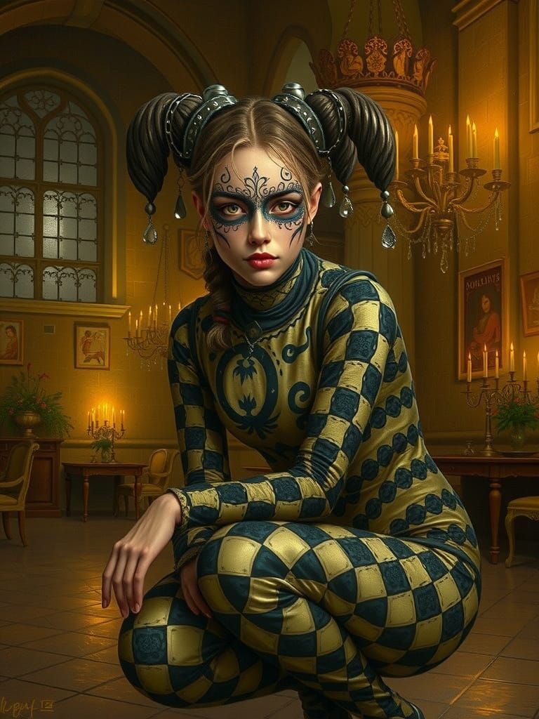 Beautiful Harlequin Woman in Medieval Hall