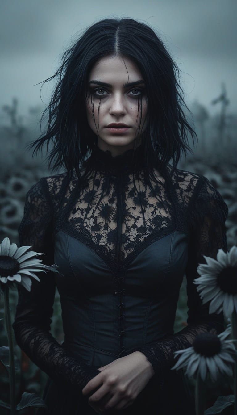 Gothic Woman in Black Sunflower Field: Oil Painting