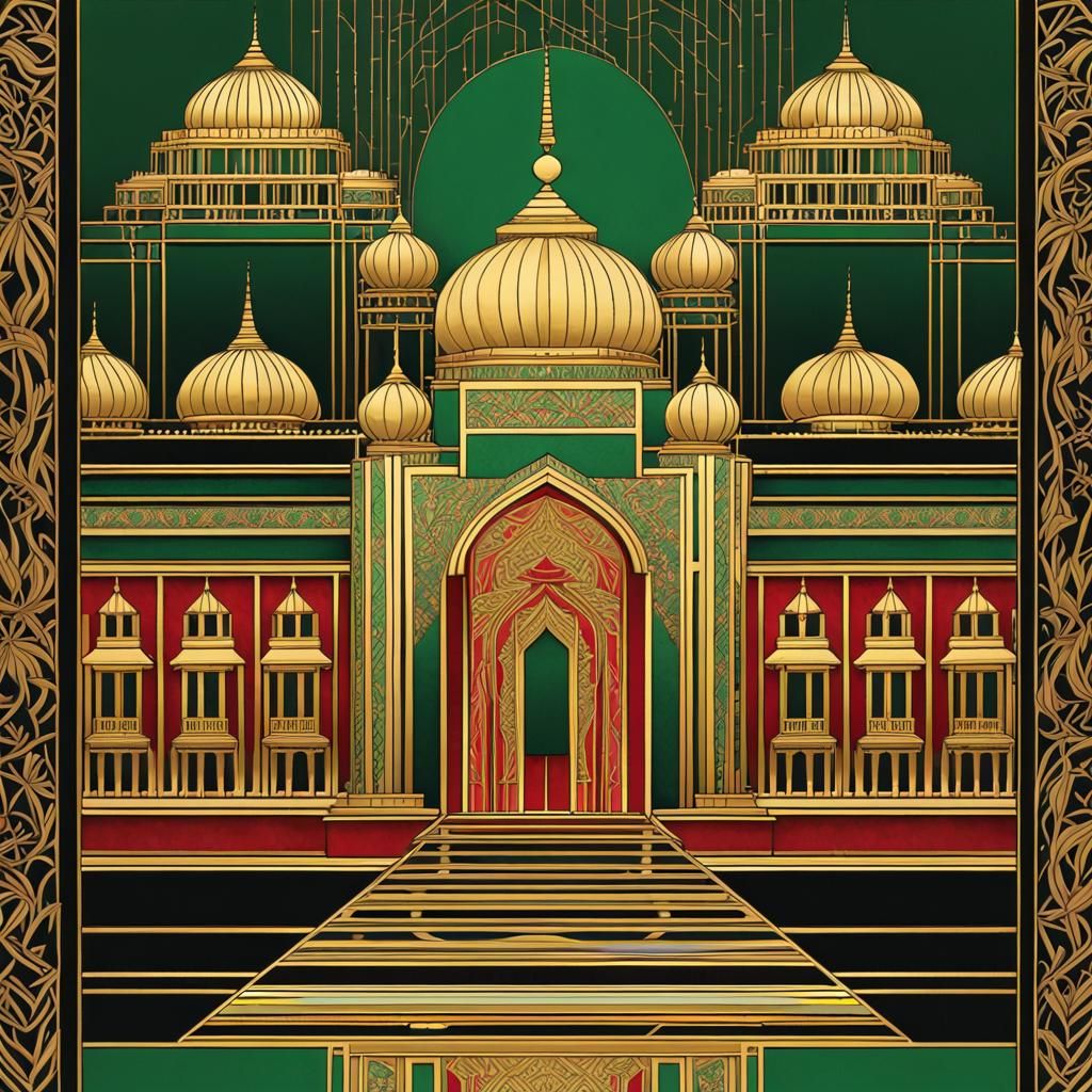 Art Deco Golden Temple in Metropolis at Night