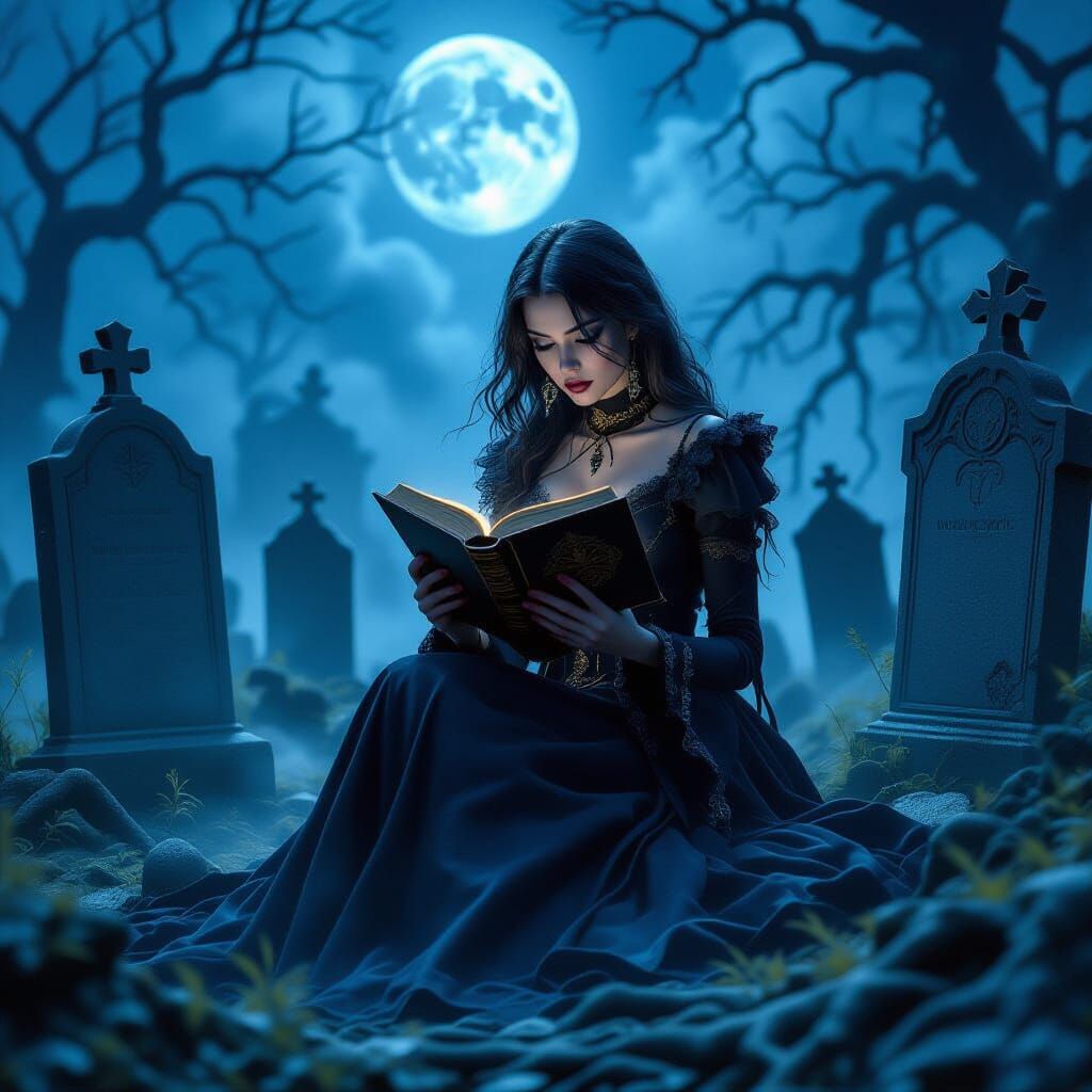 Gothic Woman Reading in Mystical Cemetery
