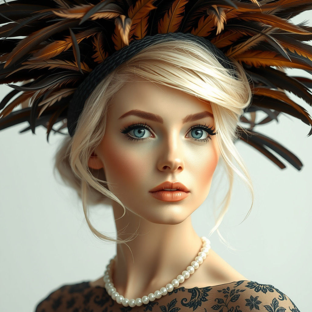 Ethereal Blonde Woman in Feathered Hat: Realistic Portrait