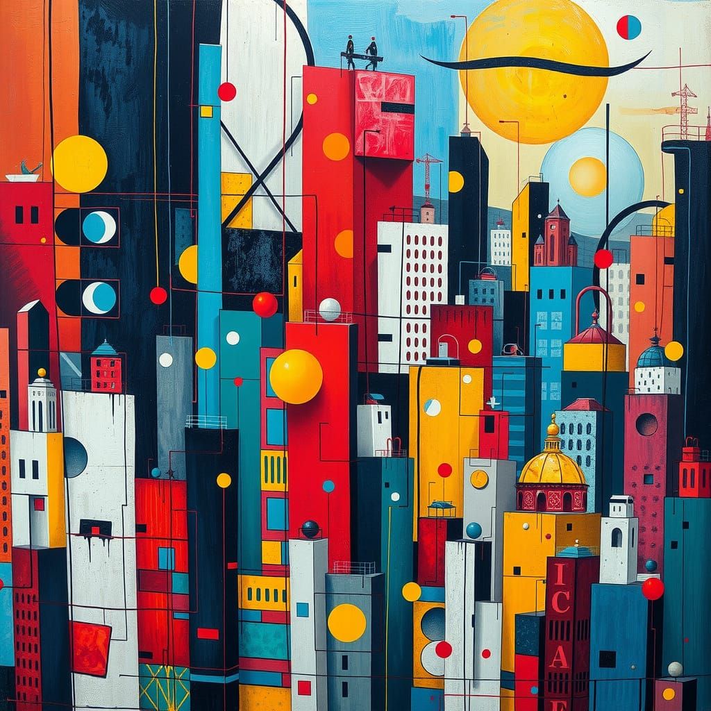Vibrant Abstract Cityscape with Geometric Shapes and Bold Co...