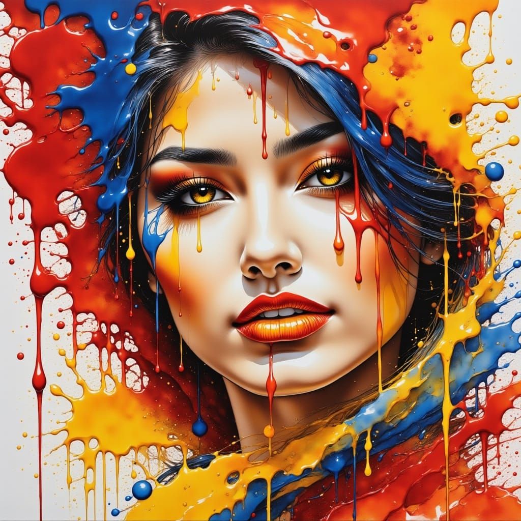 Woman with Dripping Ink Splashes in Vivid Colors