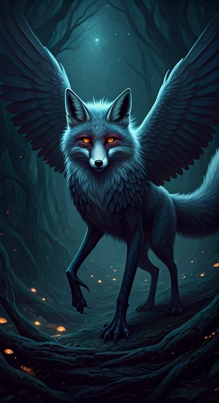 Demonic Fox-Owl Hybrid in Dark Forest, Matte Painting