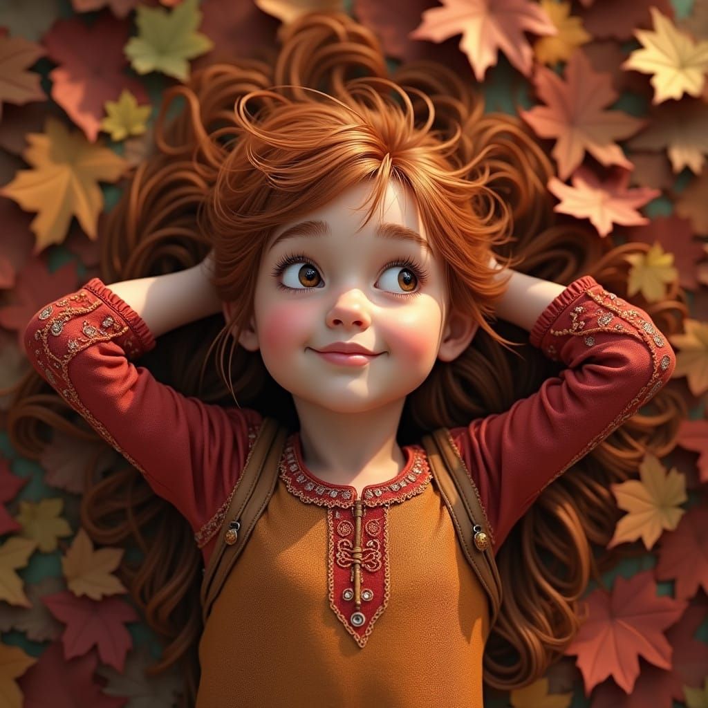 Whimsical Girl in Autumn Landscape with Vibrant Hair