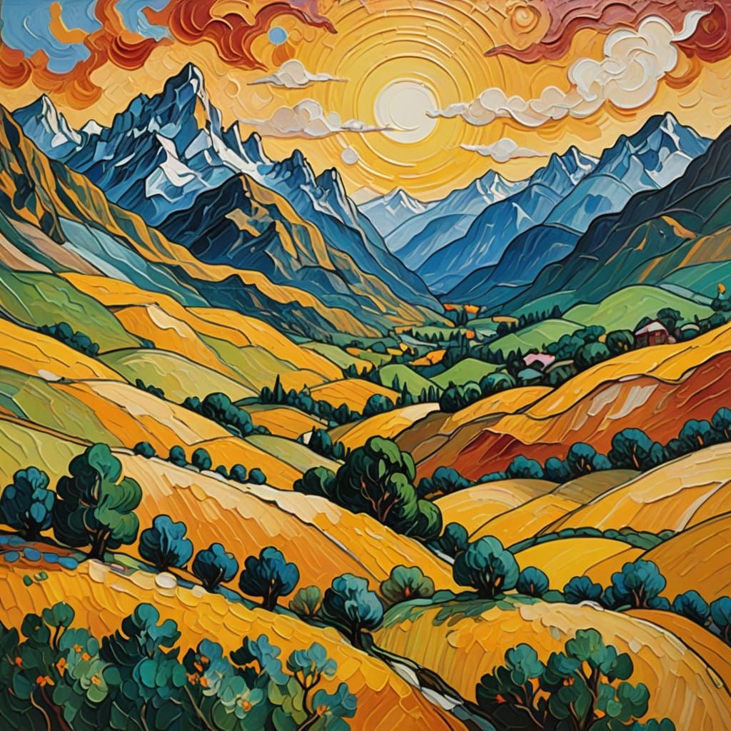 Serene Earth-Toned Mountain Landscape in Expressive Brushstr...