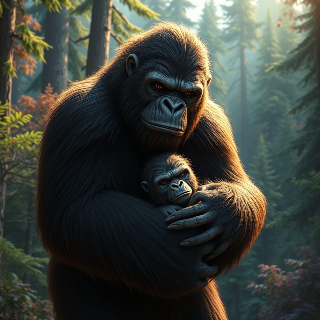 Bigfoot Mother and Baby in Lush Forest, Hyperrealistic