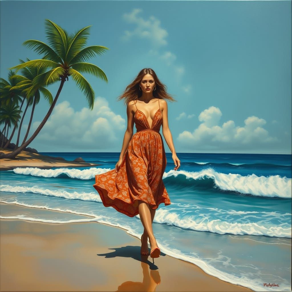 Surrealist Woman in Sundress on Dream Beach