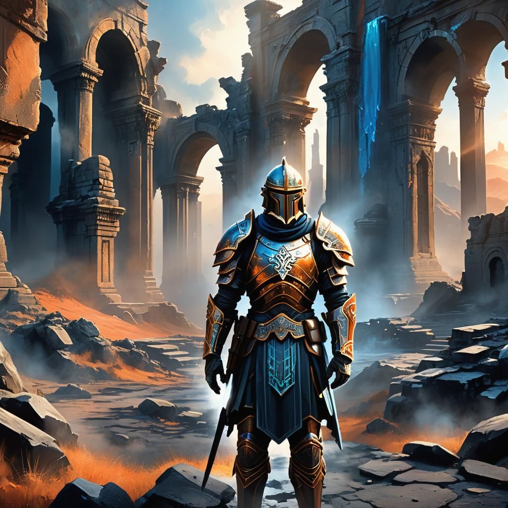 Ornate Armored Soldier in Fantasy War Landscape