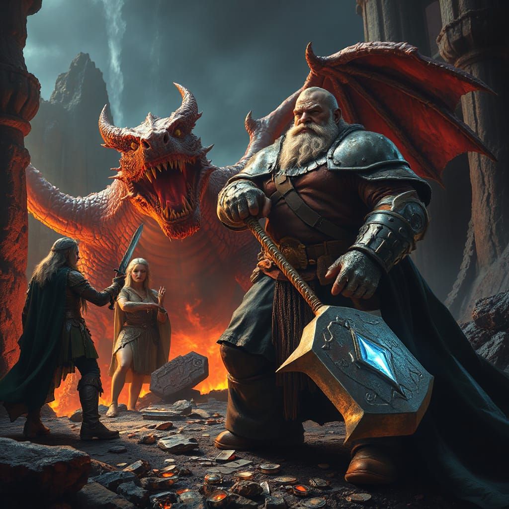 Fantasy Battle: Dragon Fight in Volcanic Throne Room