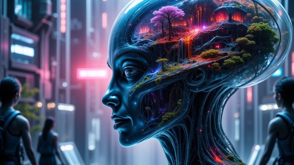 Alien Woman Merging with Surreal Bioluminescent Landscape