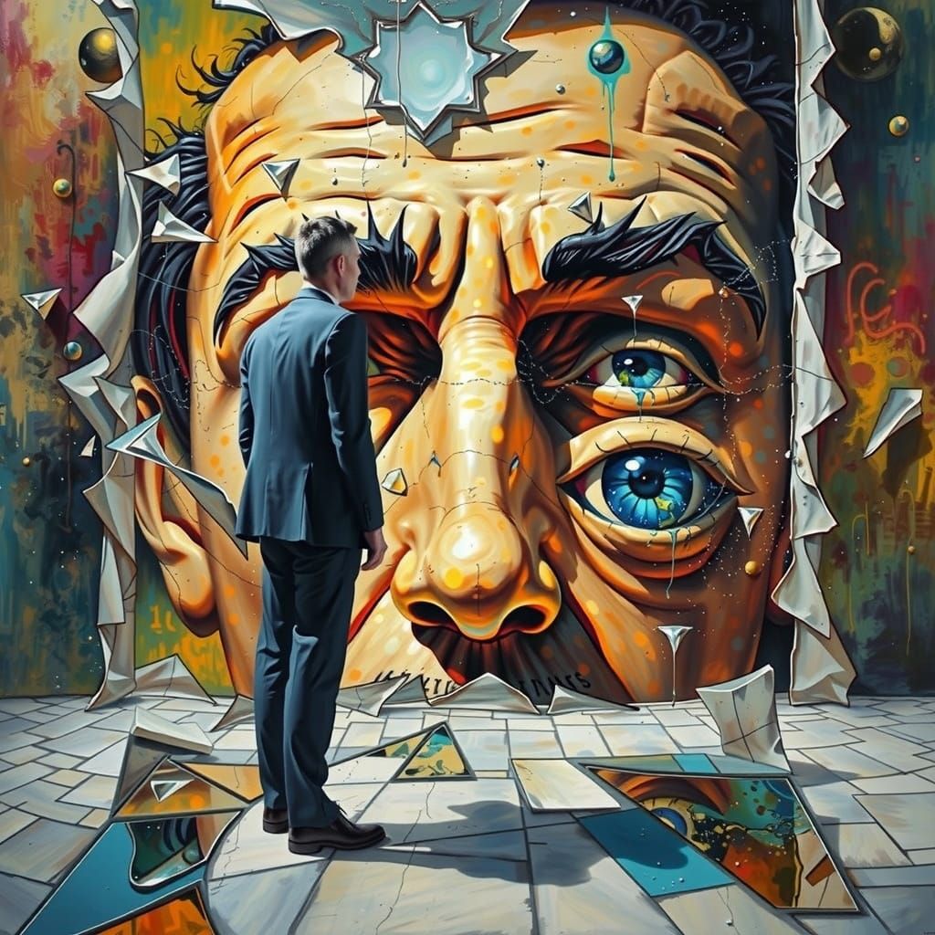 Melting Man Stares at Illusion Wall in Surreal Style