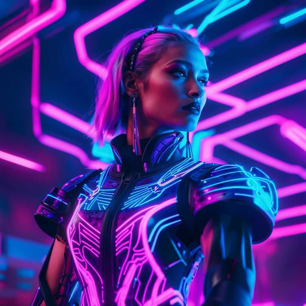 Synthwave Witch Hunter in Neon Retro Cityscape