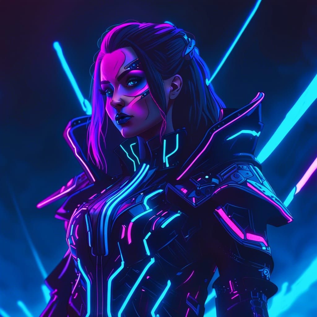 Cyberpunk Gothic Woman in Neon Moonlight