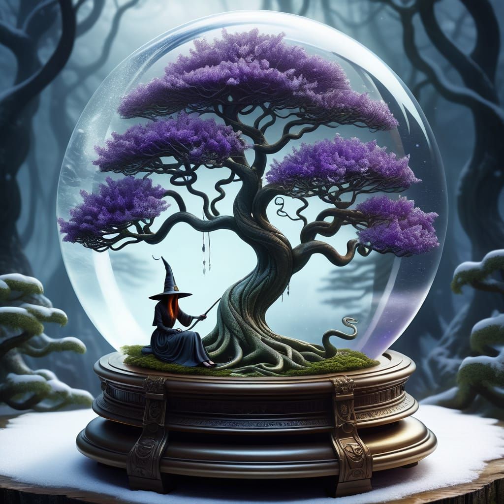 Mystical Amethyst Tree in Snow Globe with Witch