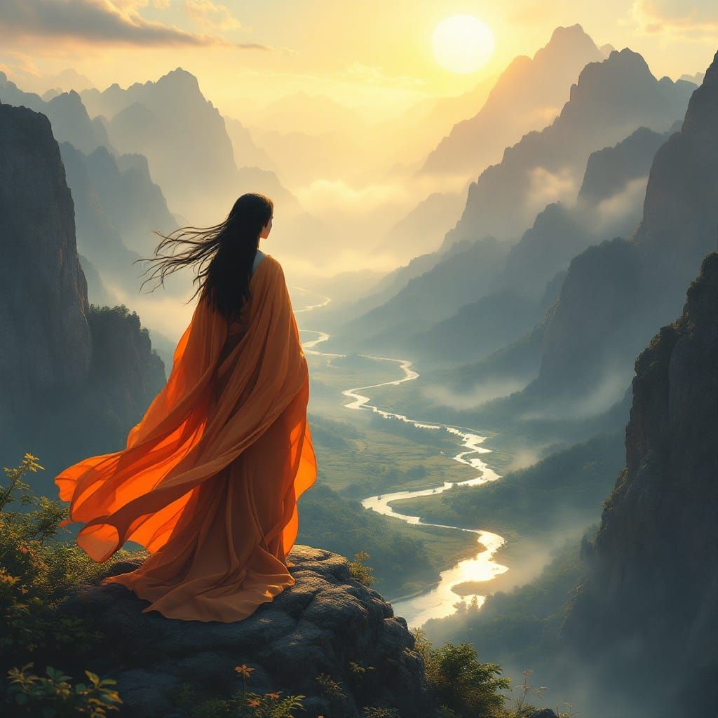 Amaterasu: Japanese Sun Goddess in Fantasy Landscape