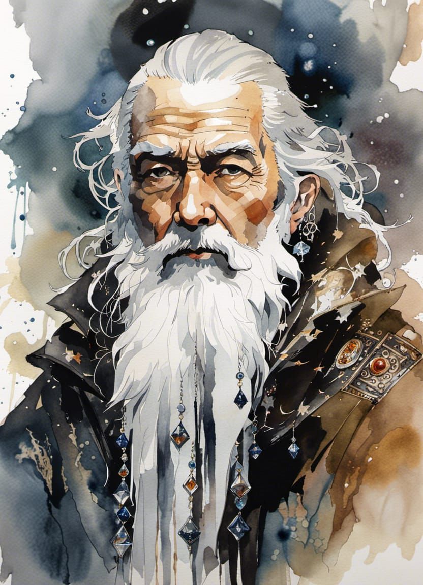 Watercolor Portrait of a Wise Old Mage