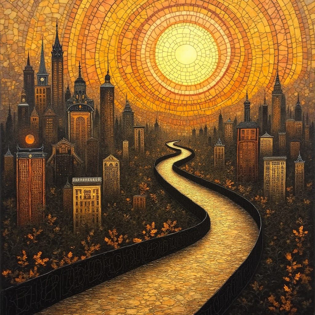 Kintsugi Cityscape Sunset in Encaustic Impasto Style