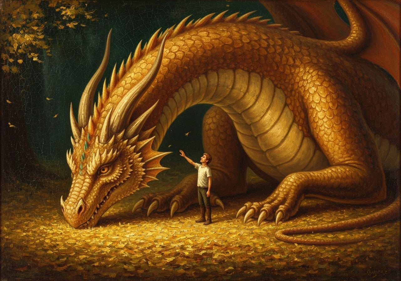 Wholesome Encounter: Boy and Dragon in Golden Forest