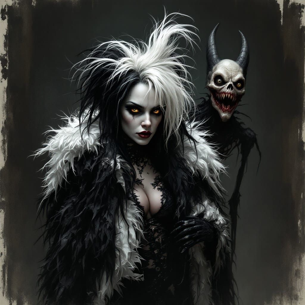 Cruella de Vil Meets Macabre Horror in Dark Gothic Scene
