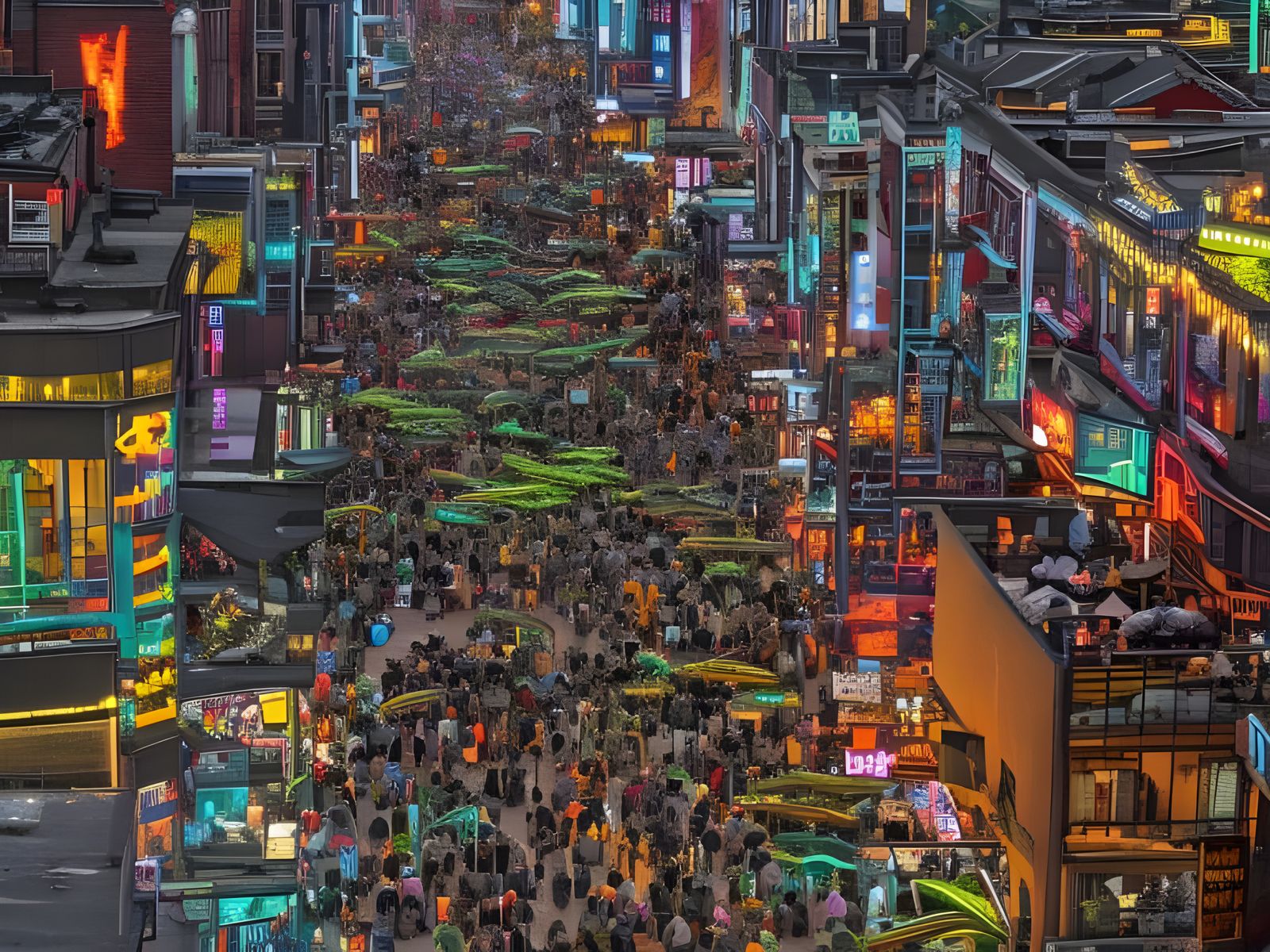 Cyberpunk Cityscape with Neon Lights and Graffiti