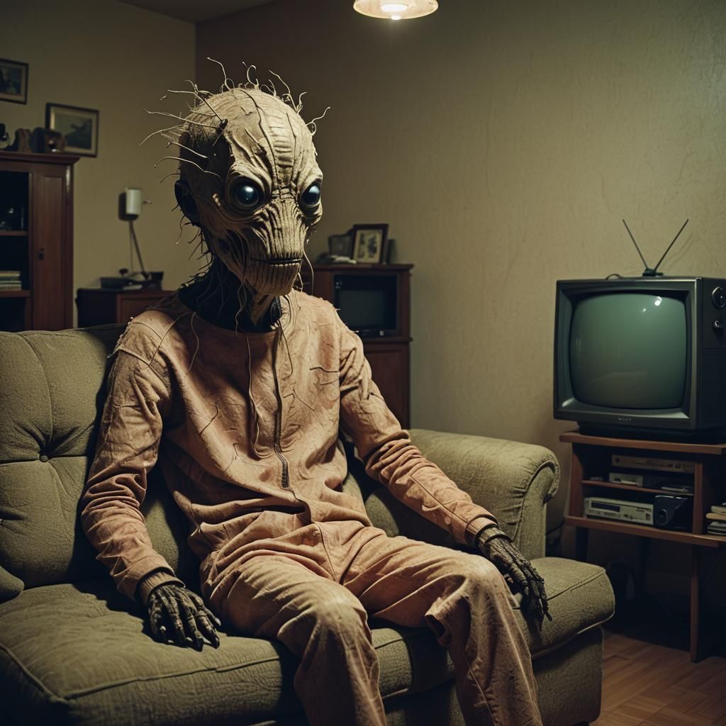 Surreal TV Head Creature in Dimly Lit Room