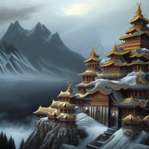 Hyperrealistic Tibetan Temple in Snowy Mountains