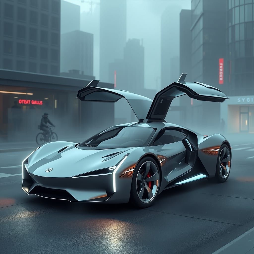Retro-Futuristic Chrome Sports Car in Misty Cityscape