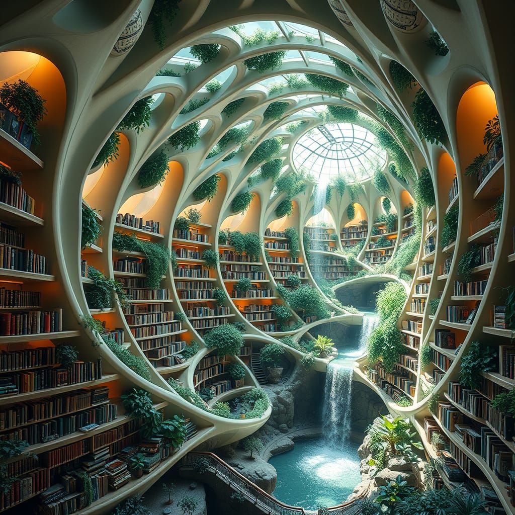 Retro-Futuristic Nautilus Library with Indoor Waterfall