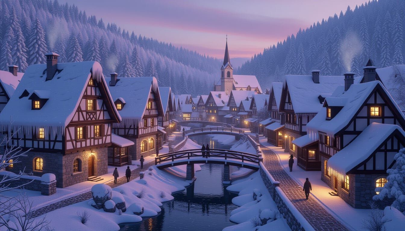 Hyper-Realistic Alpine Village at Twilight - Aerial Photo