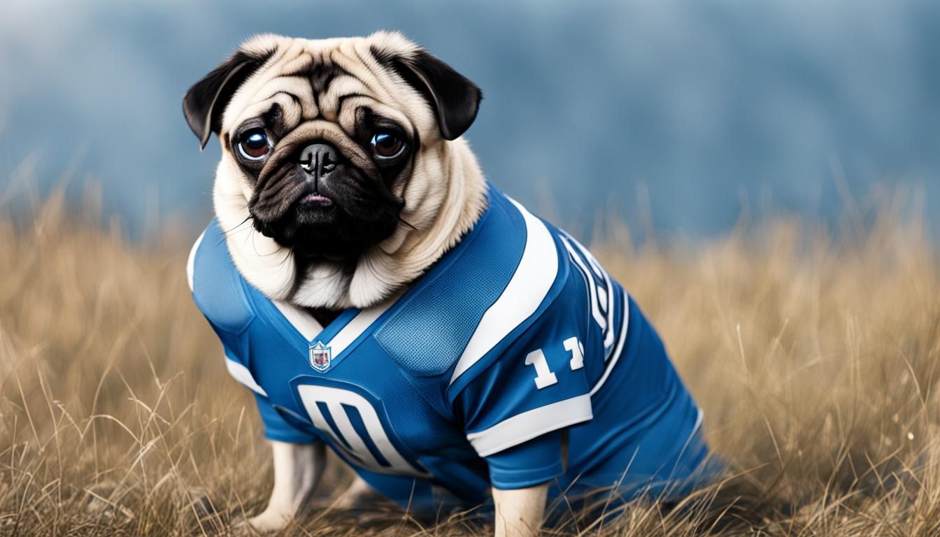 Pug in Detroit Lions Jersey with Football