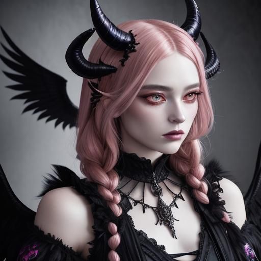 Gorgeous demon 
Long blonde braids 
Devil horns wings 
Beaut...