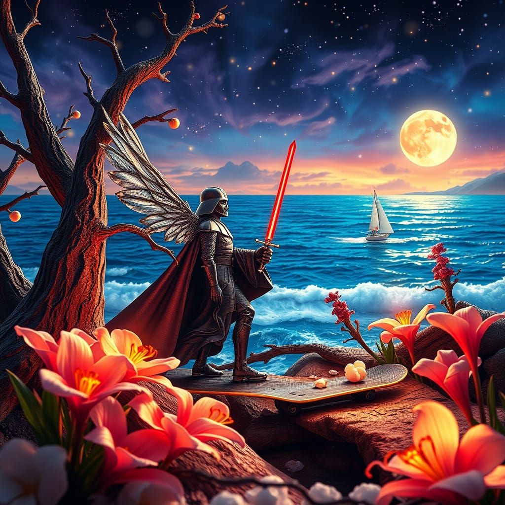 Realistic Darth Vader Skateboarding in a Vibrant Oceanic Won...