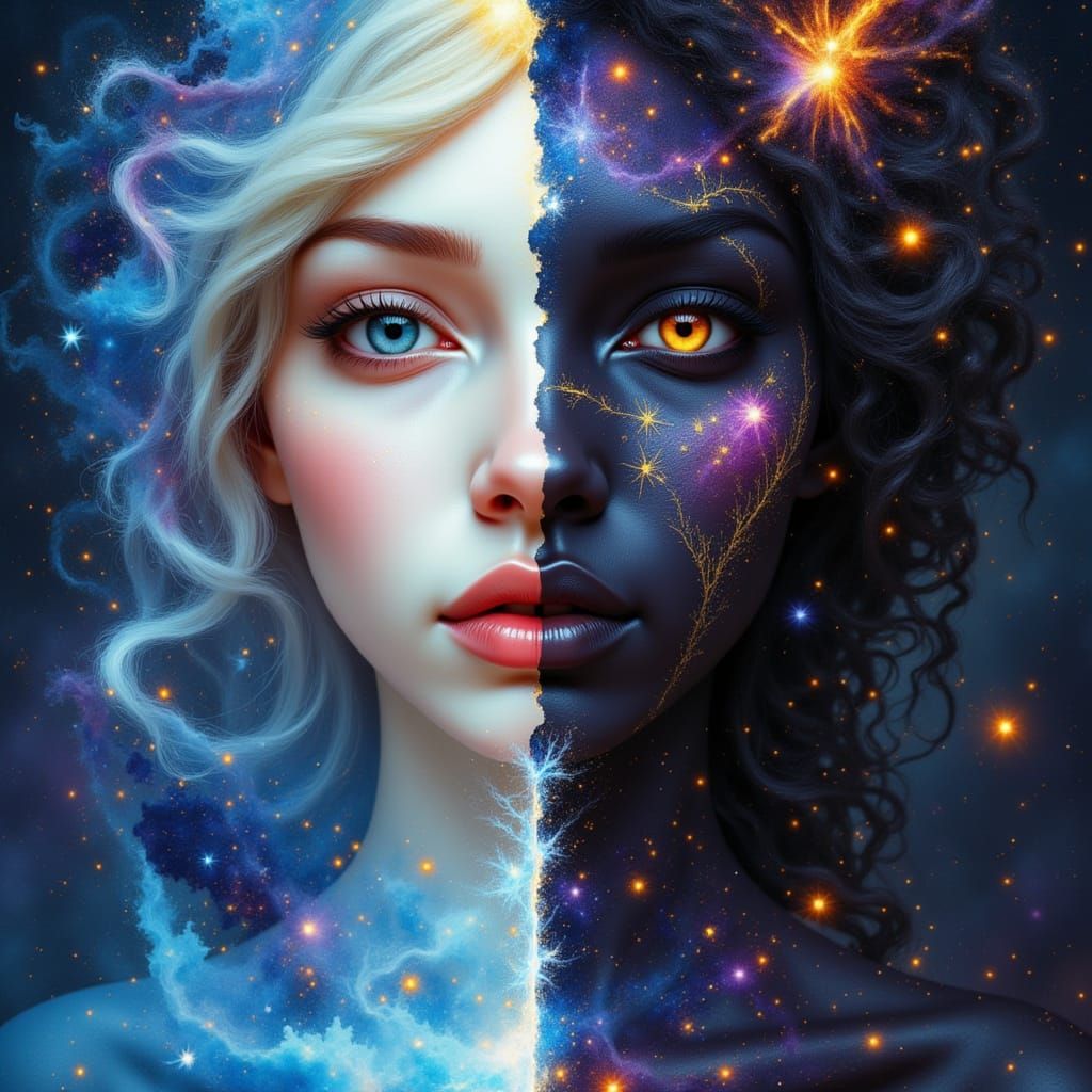 Celestial Woman Gazing at Nebula in Watercolor Style