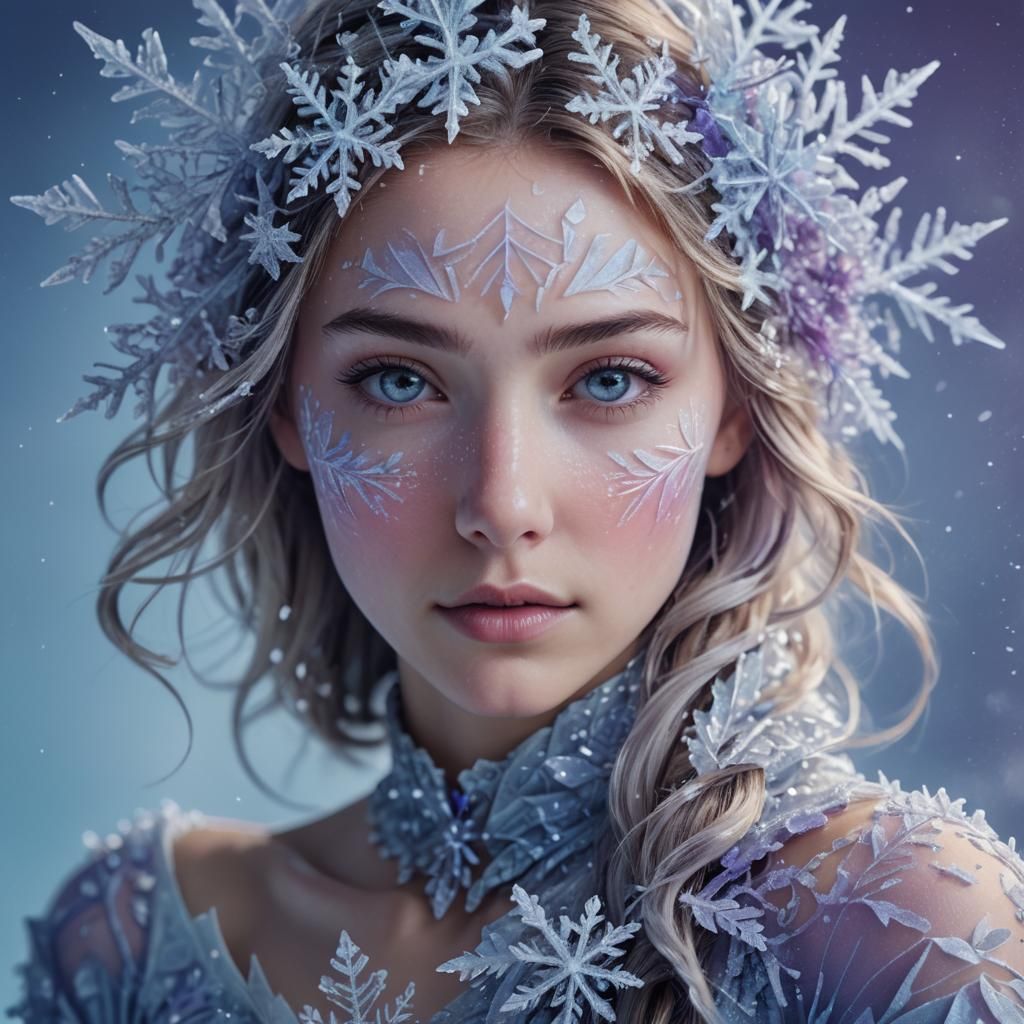 Icy Portrait with Snowflake: Hyperrealistic Concept Art
