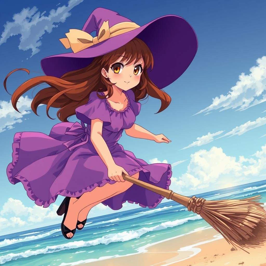 Anime Witch Flying Over Beach in Cel-Shaded Style