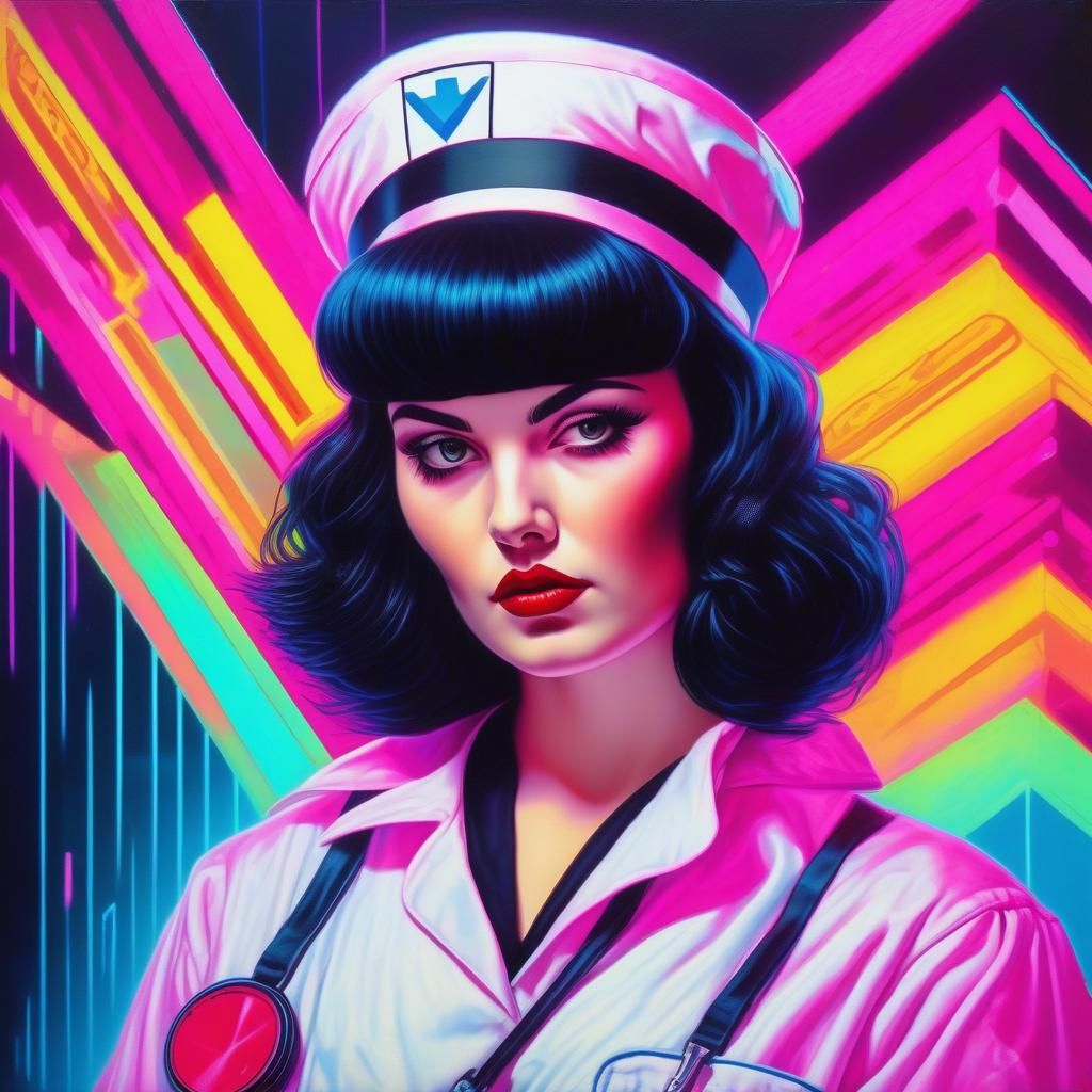 Goth Woman in Synthwave Style Naughty Nurse Outfit