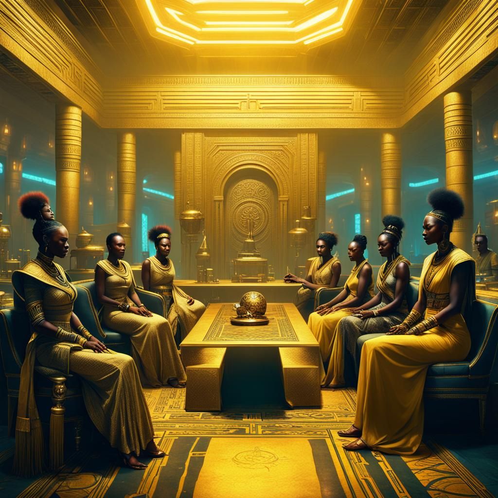 African Queens Plan Battle in Cyberpunk Palace