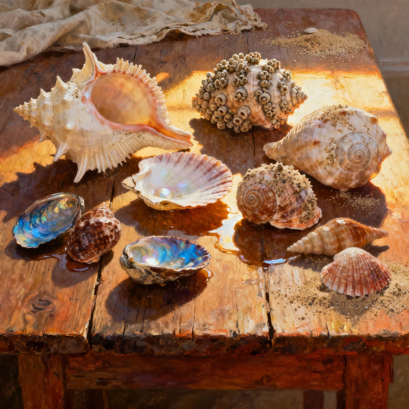 Realistic Oil Painting of Seashells in Golden Hour Light