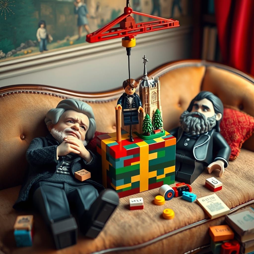 Child Prophets Offer Lego Gift in Whimsical Surrealist Scene