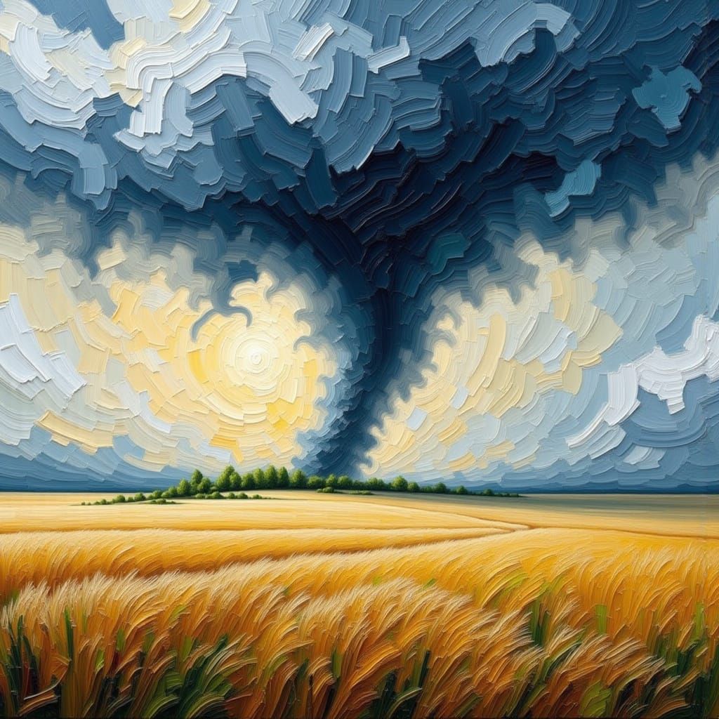 Impasto Painting of a Tornado Raging Through Farmland