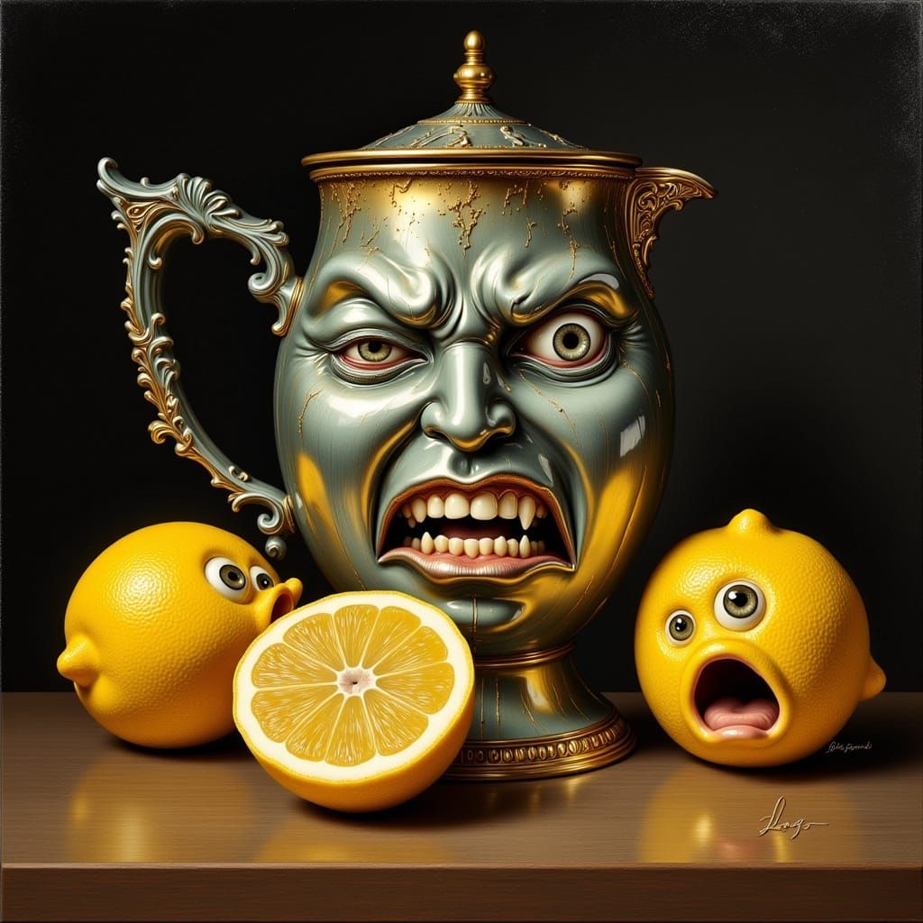 Anthropomorphic Fruit and Squeezer in Dramatic Airbrush Art
